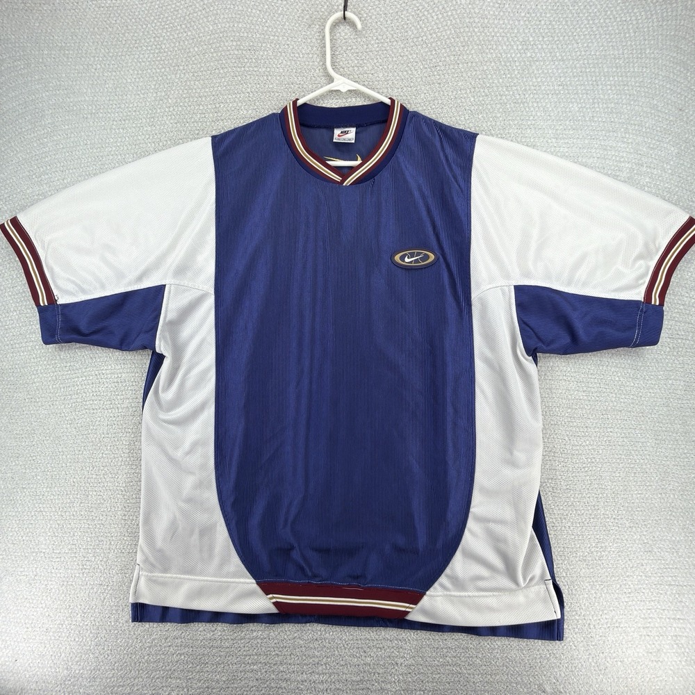 Vintage 90s Nike Basketball Shooting Shirt Mens XL Blue White Mesh Swoosh